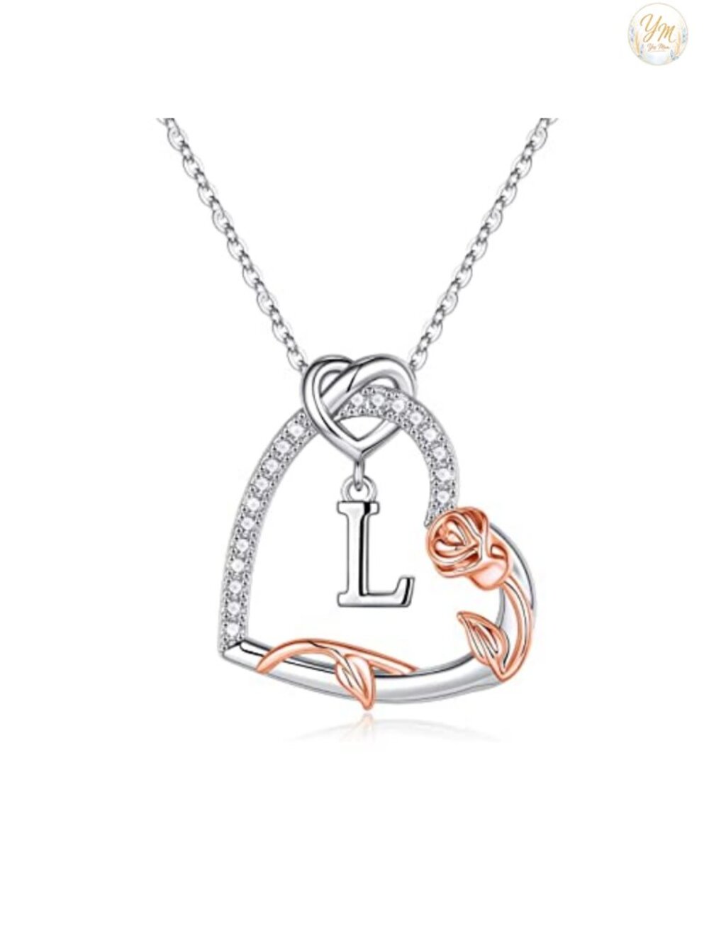 Rose Heart Initial Pendant Necklace, White Gold Plated, Cubic Zirconia, 18 inch